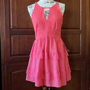 Adelyn Rae Ruffle Lace Dress Coral Pink Small